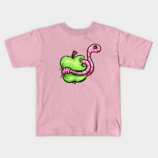 Worm in an Apple Cartoon Character Illustration Kids T-Shirt